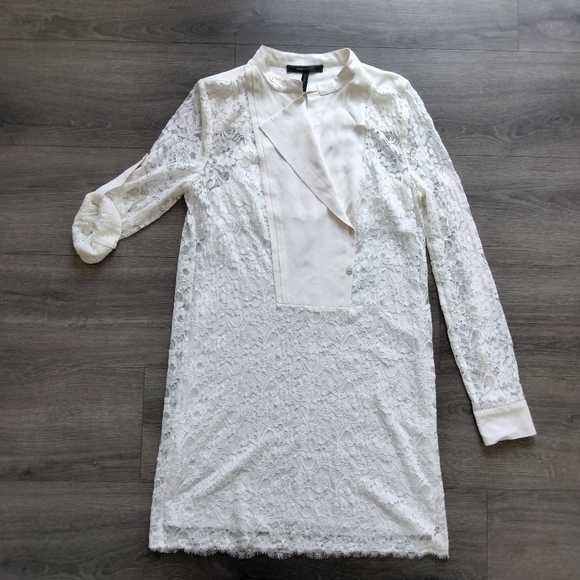 BCBG MaxAzria Lunah White Lace/Silk Long Sleeve Shirt Dress Women's Size Small - Picture 1 of 15
